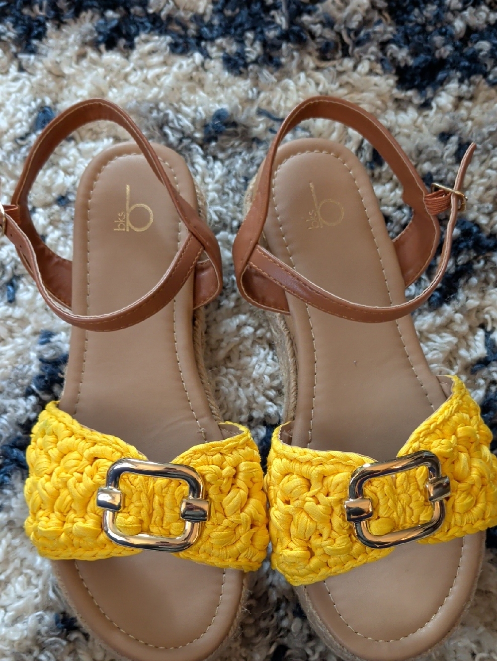 Yellow Crochet Buckle Sandals with Brown Ankle Straps